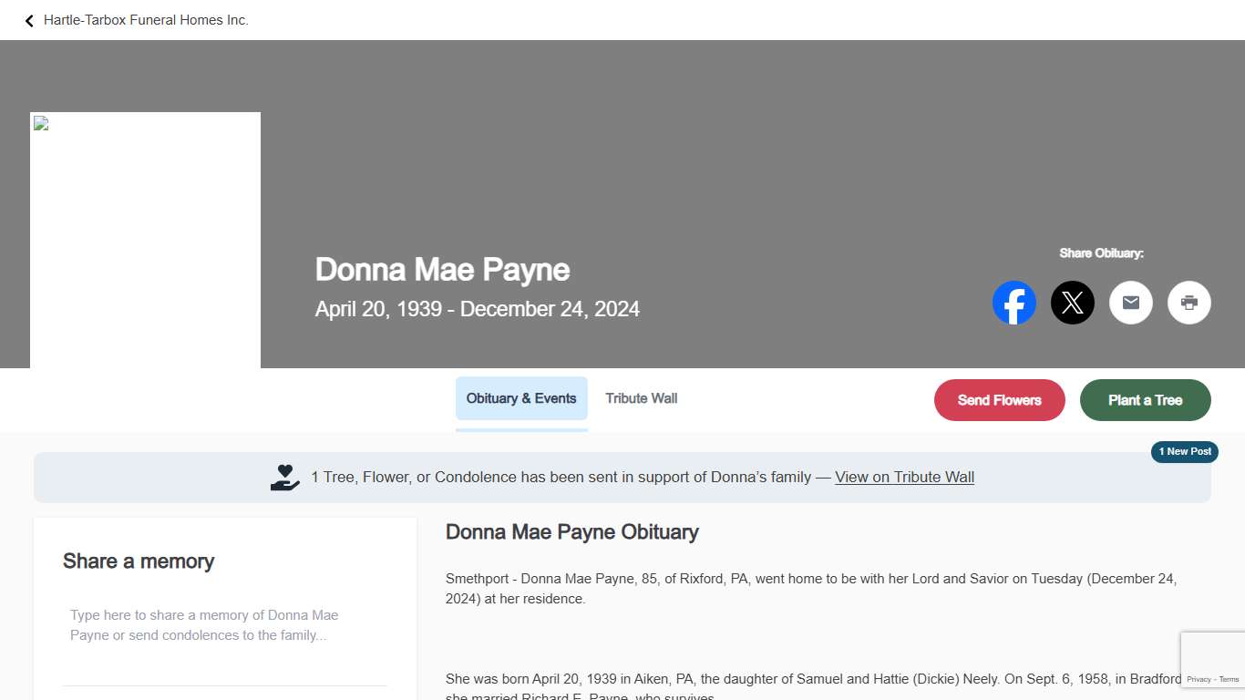 Donna Mae Payne Obituary | Hartle-Tarbox Funeral Homes Inc. | 1939 - 2024