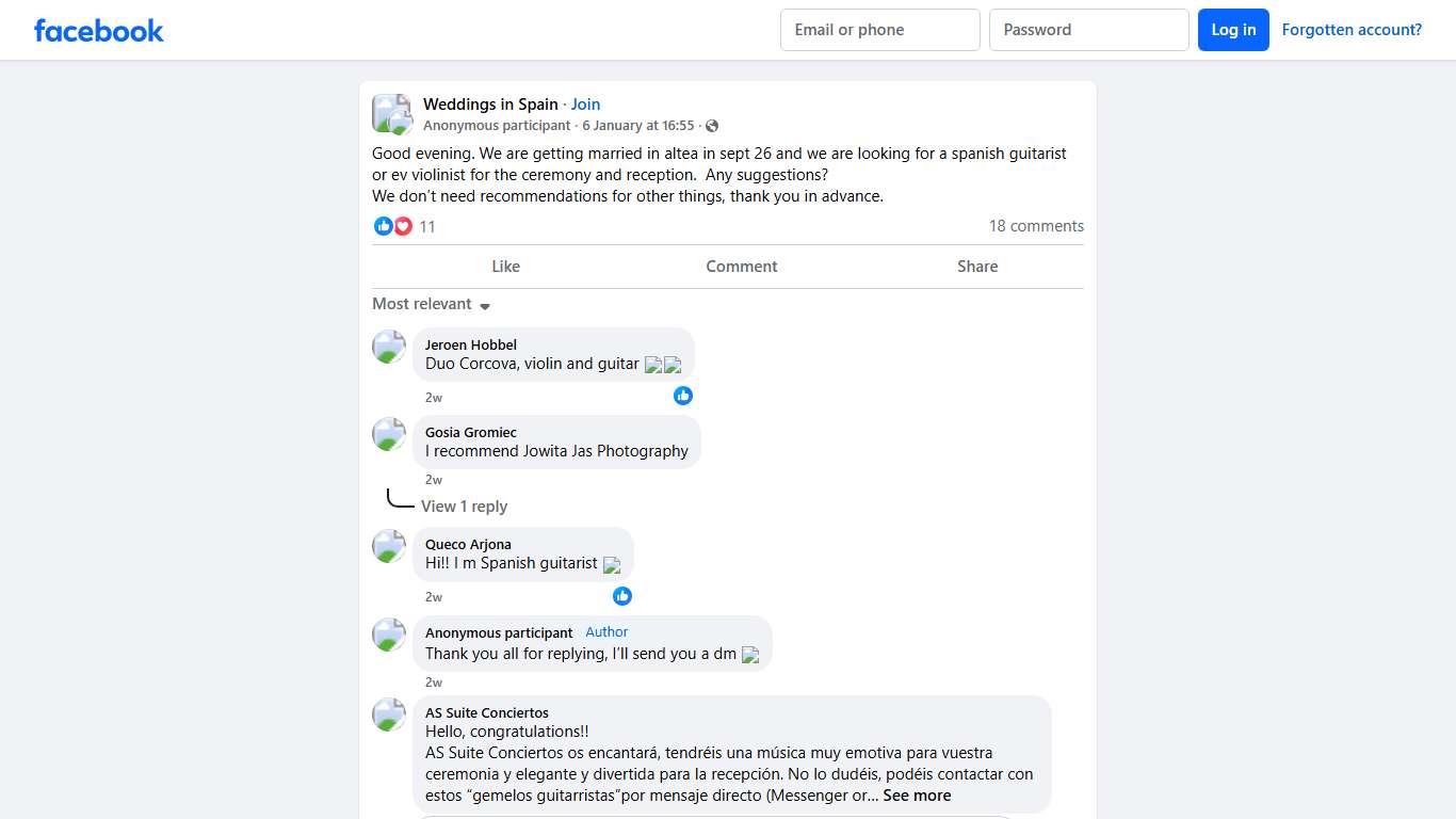 Weddings in Spain | Good evening. We are getting married in altea in sept 26 and we are looking for a spanish guitarist or ev violinist for the ceremony and reception | Facebook